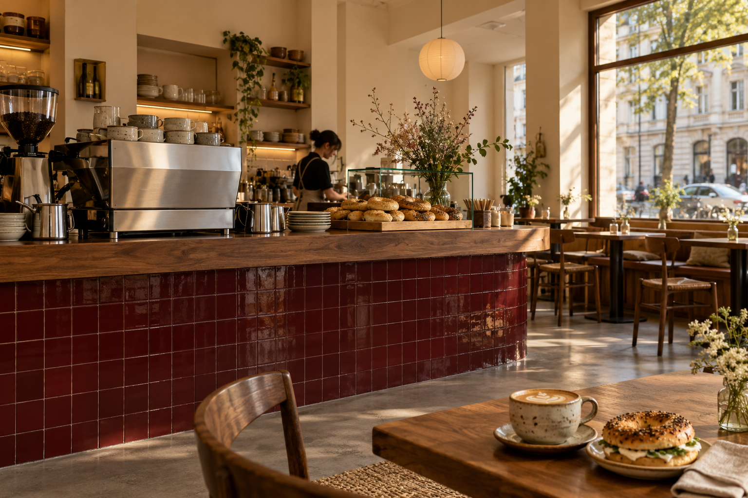 Moodbild eines Cafés mit Holztheke, roten Fliesen und warmem Fensterlicht
